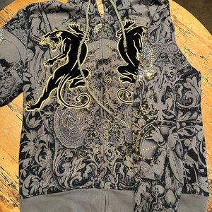Christian Audigier All Over Print Skull Rhinestone Full Zip Hoodie Men Large Y2k